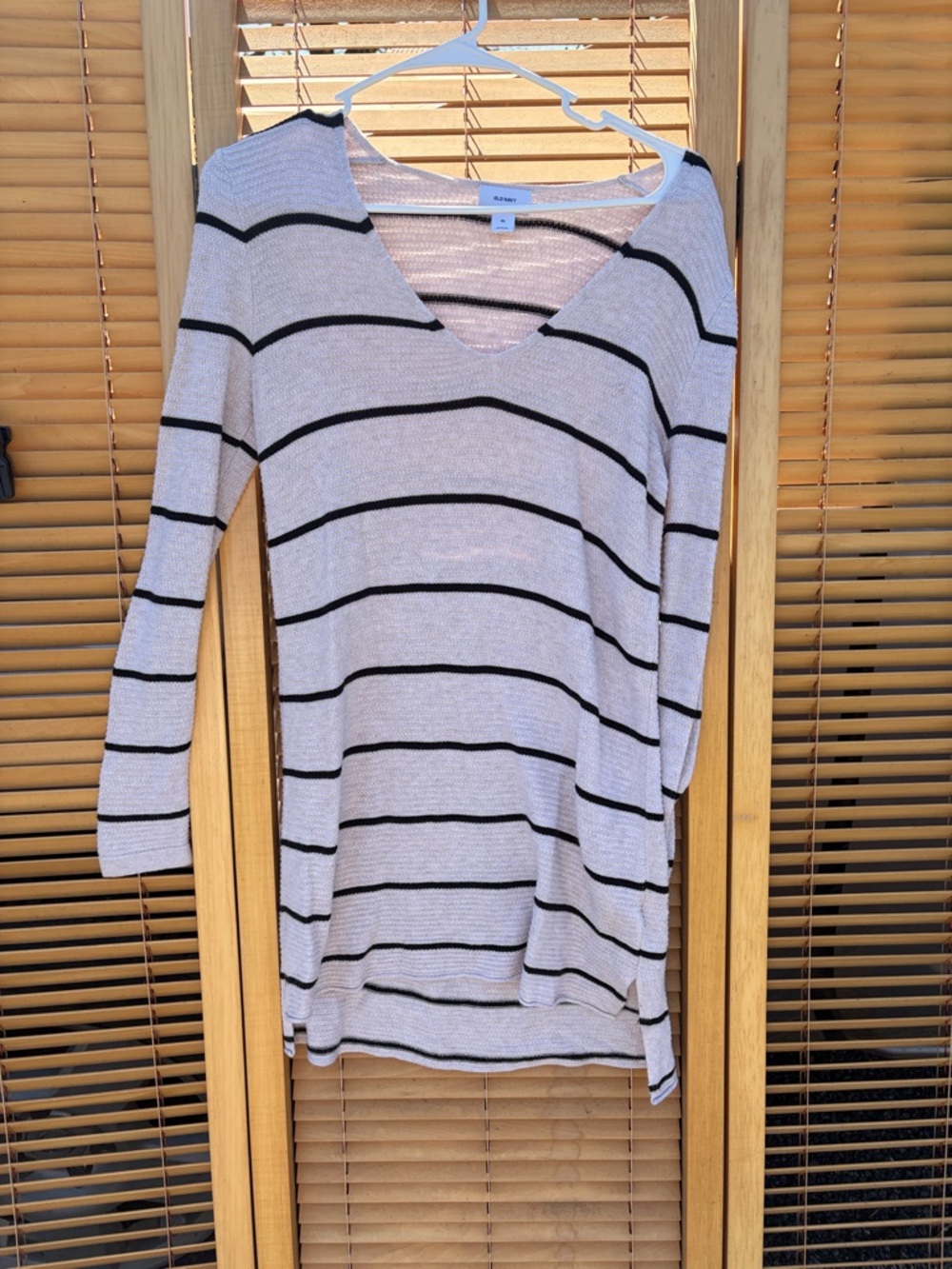 Old Navy Cream and Black Striped V-Neck Midi Dress